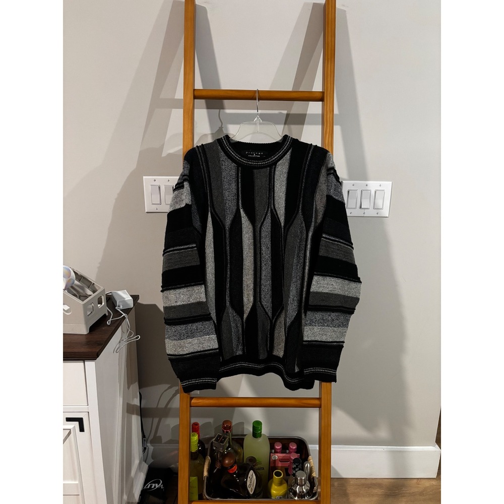 Protege Collection Mens XL Vintage Geometric Coogi Style Knit Sweater Gray Black